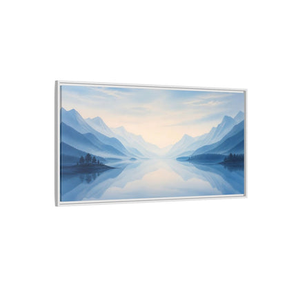 Side Mockup 3. Nature Lake Mountains Blue Misty Landscape shown as stretched canvas wall art