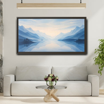 Mockup 2. Nature Lake Mountains Blue Misty Landscape shown as stretched canvas wall art