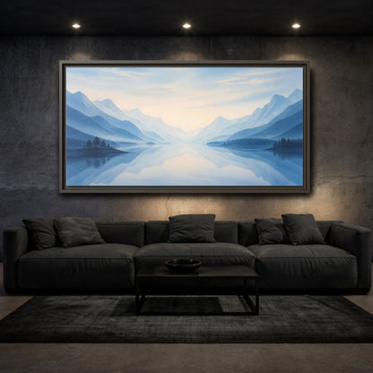 Mockup 3. Nature Lake Mountains Blue Misty Landscape shown as stretched canvas wall art