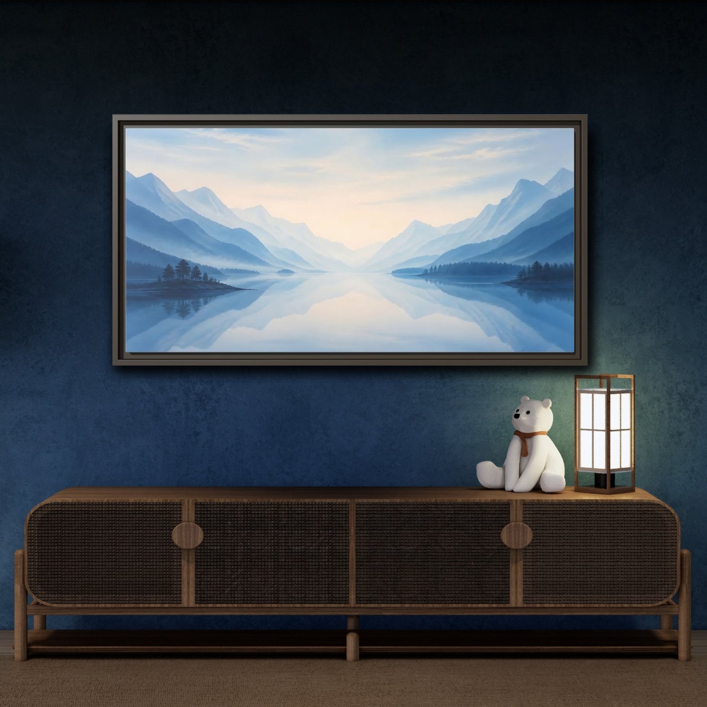 Mockup 4. Nature Lake Mountains Blue Misty Landscape shown as stretched canvas wall art