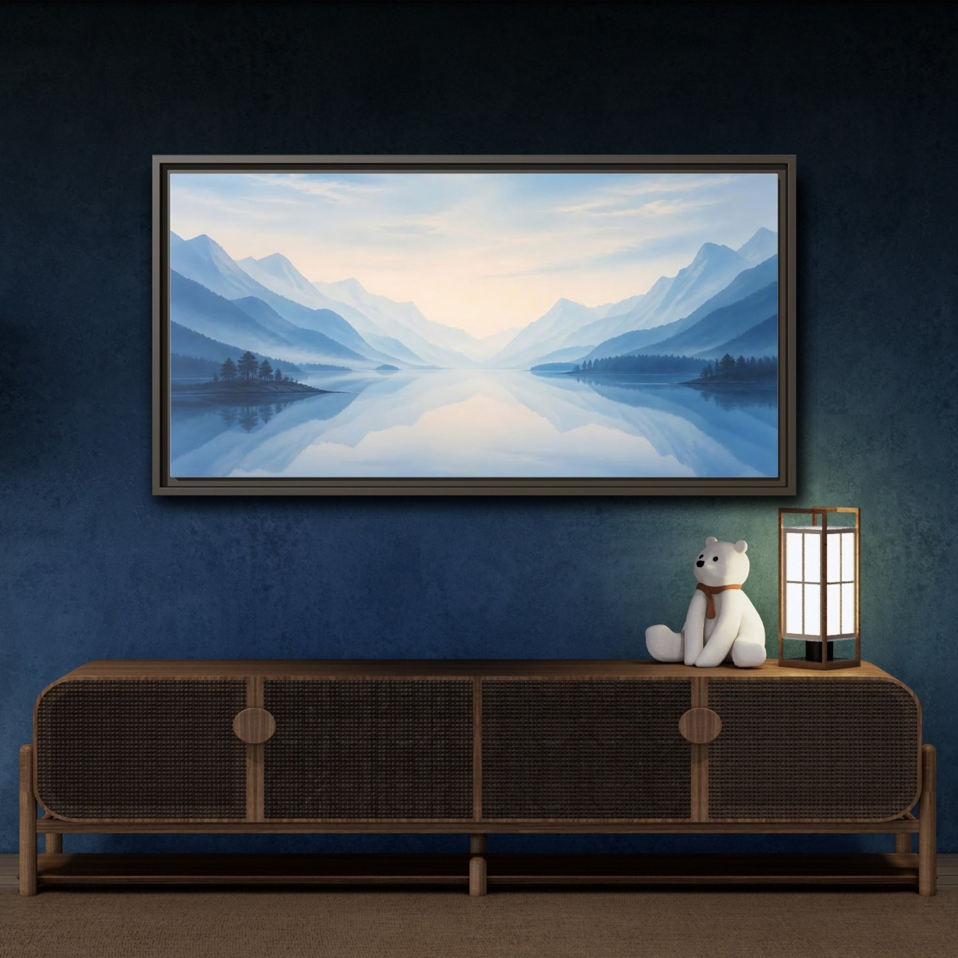 Mockup 4. Nature Lake Mountains Blue Misty Landscape shown as stretched canvas wall art