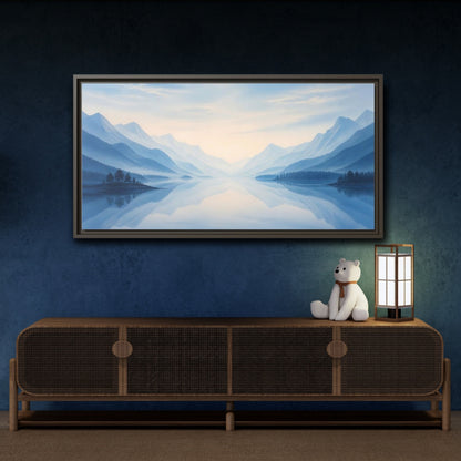 Mockup 4. Nature Lake Mountains Blue Misty Landscape shown as stretched canvas wall art