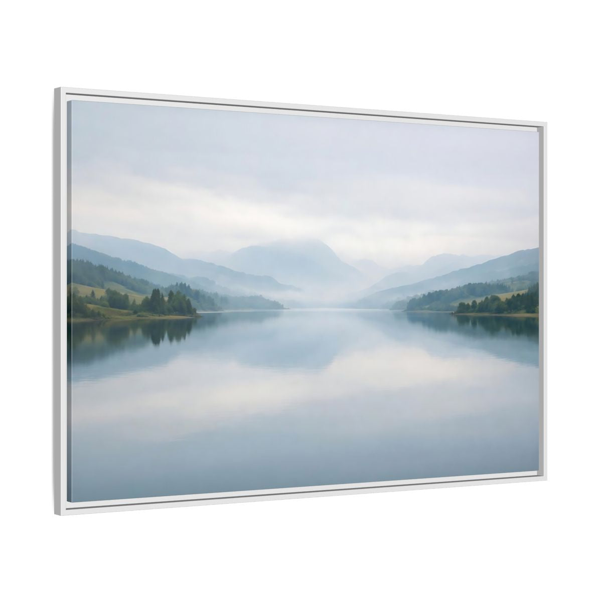 Side Mockup 7. Nature Lake Mountains Misty Blue Lake shown as stretched canvas wall art