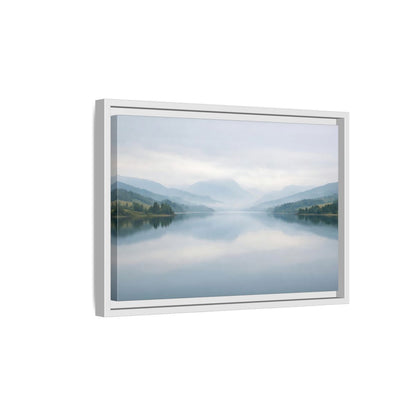 Side Mockup 4. Nature Lake Mountains Misty Blue Lake shown as stretched canvas wall art