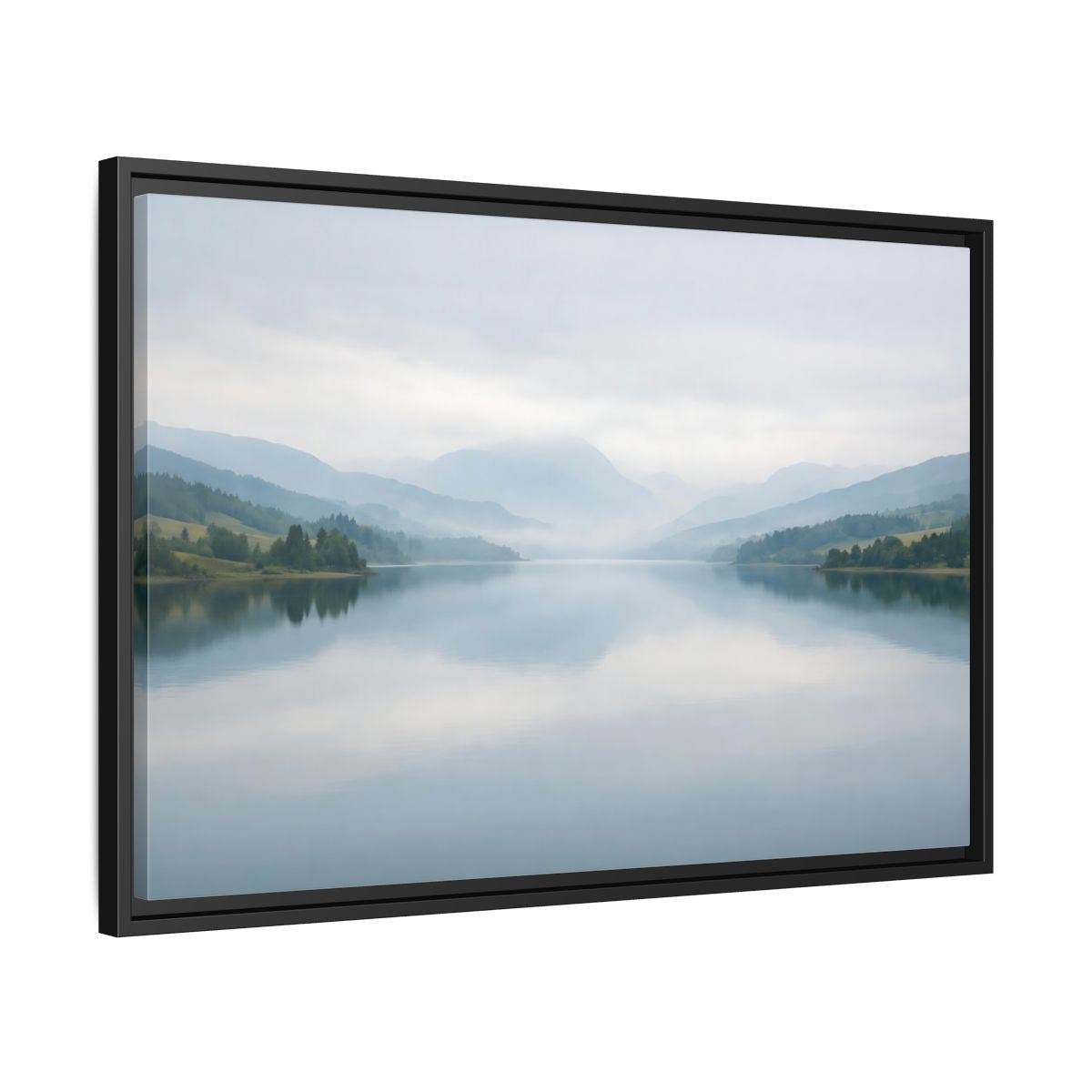 Side Mockup 14. Nature Lake Mountains Misty Blue Lake shown as stretched canvas wall art