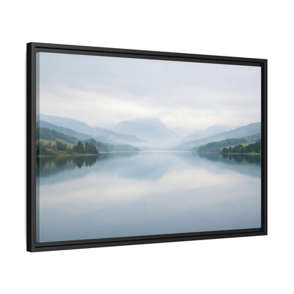 Side Mockup 14. Nature Lake Mountains Misty Blue Lake shown as stretched canvas wall art