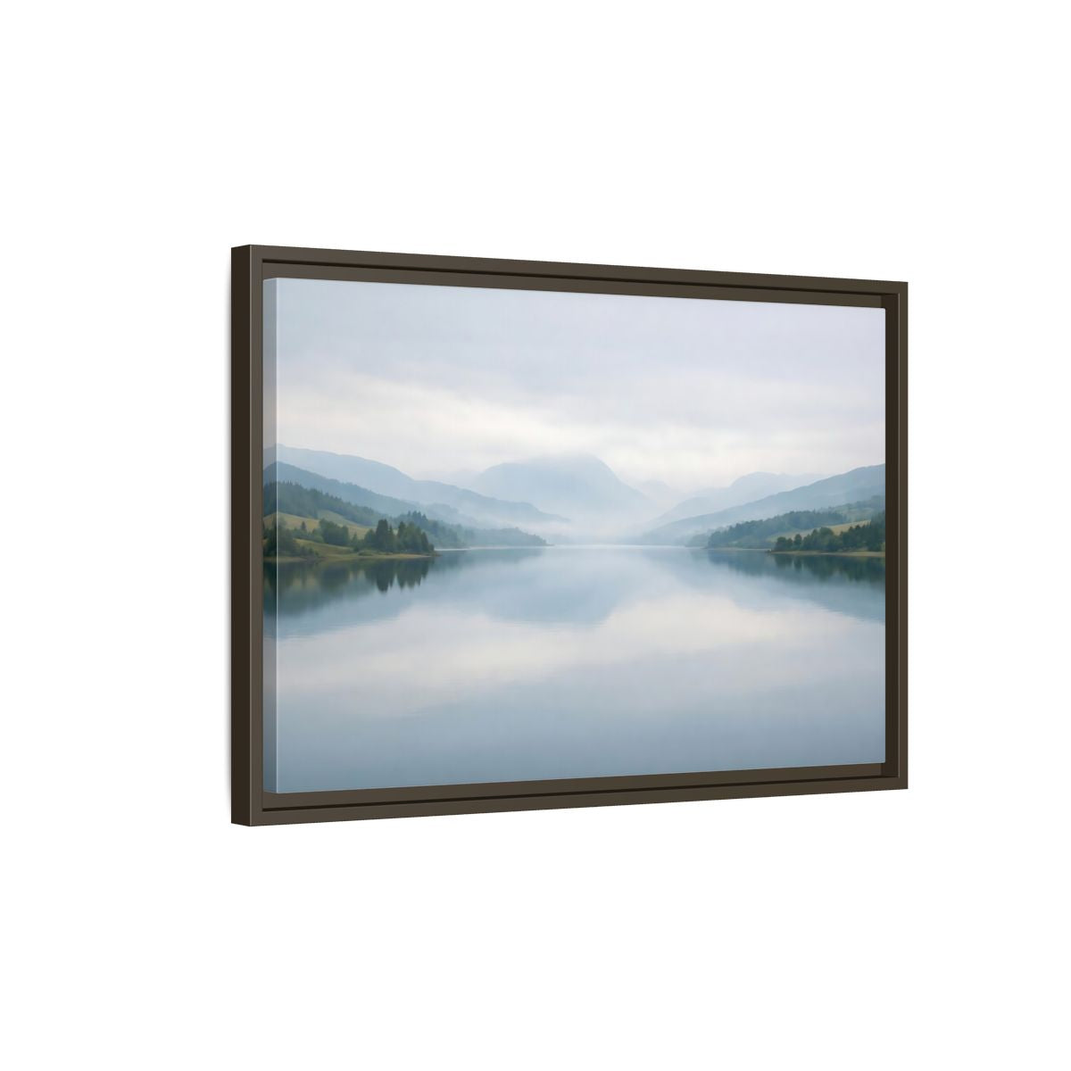 Side Mockup 2. Nature Lake Mountains Misty Blue Lake shown as stretched canvas wall art