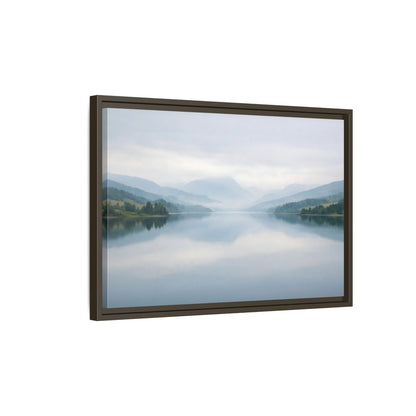 Side Mockup 2. Nature Lake Mountains Misty Blue Lake shown as stretched canvas wall art