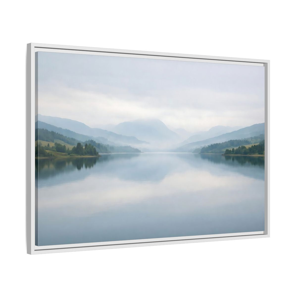 Side Mockup 9. Nature Lake Mountains Misty Blue Lake shown as stretched canvas wall art