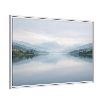 Side Mockup 9. Nature Lake Mountains Misty Blue Lake shown as stretched canvas wall art