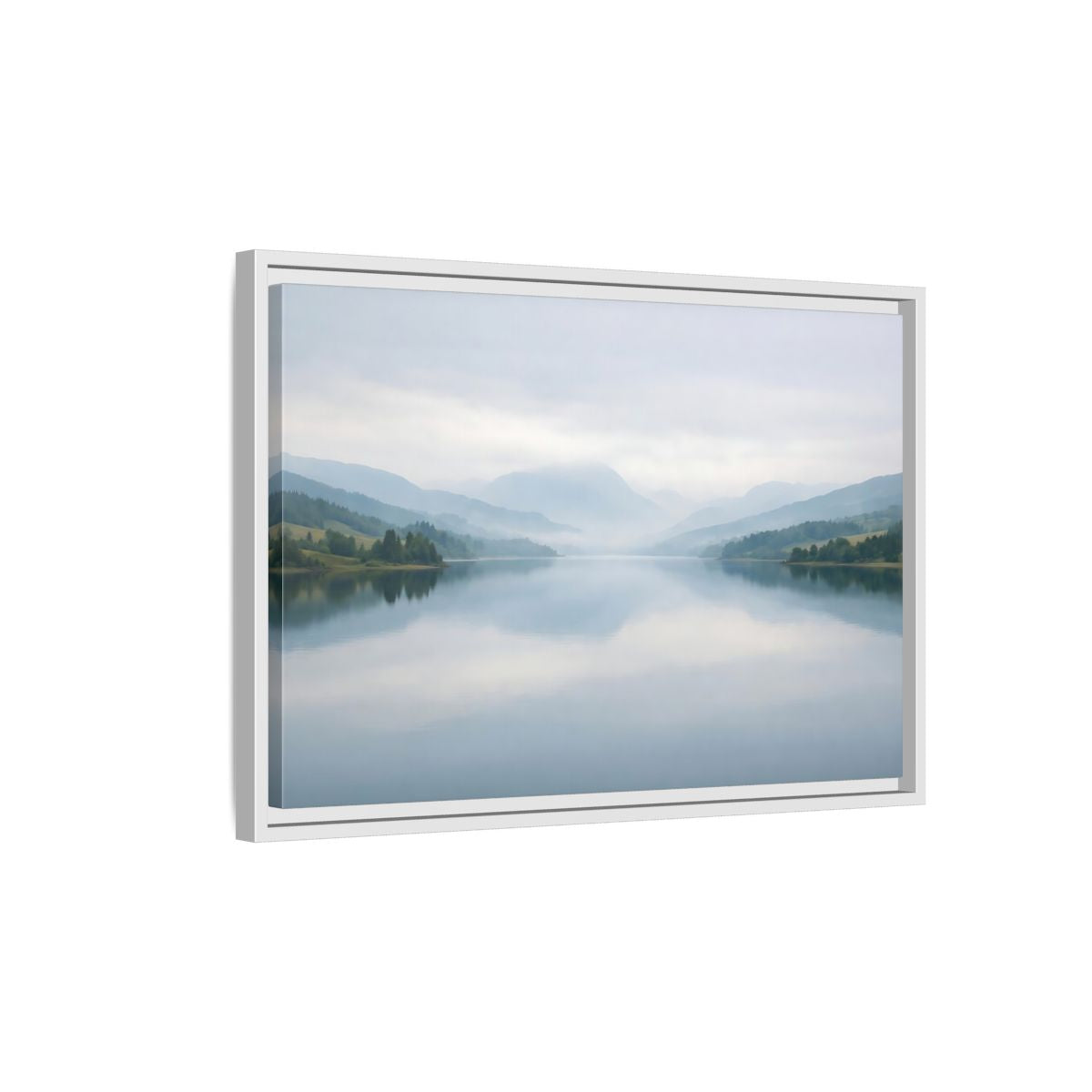 Side Mockup 1. Nature Lake Mountains Misty Blue Lake shown as stretched canvas wall art