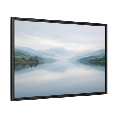 Side Mockup 13. Nature Lake Mountains Misty Blue Lake shown as stretched canvas wall art