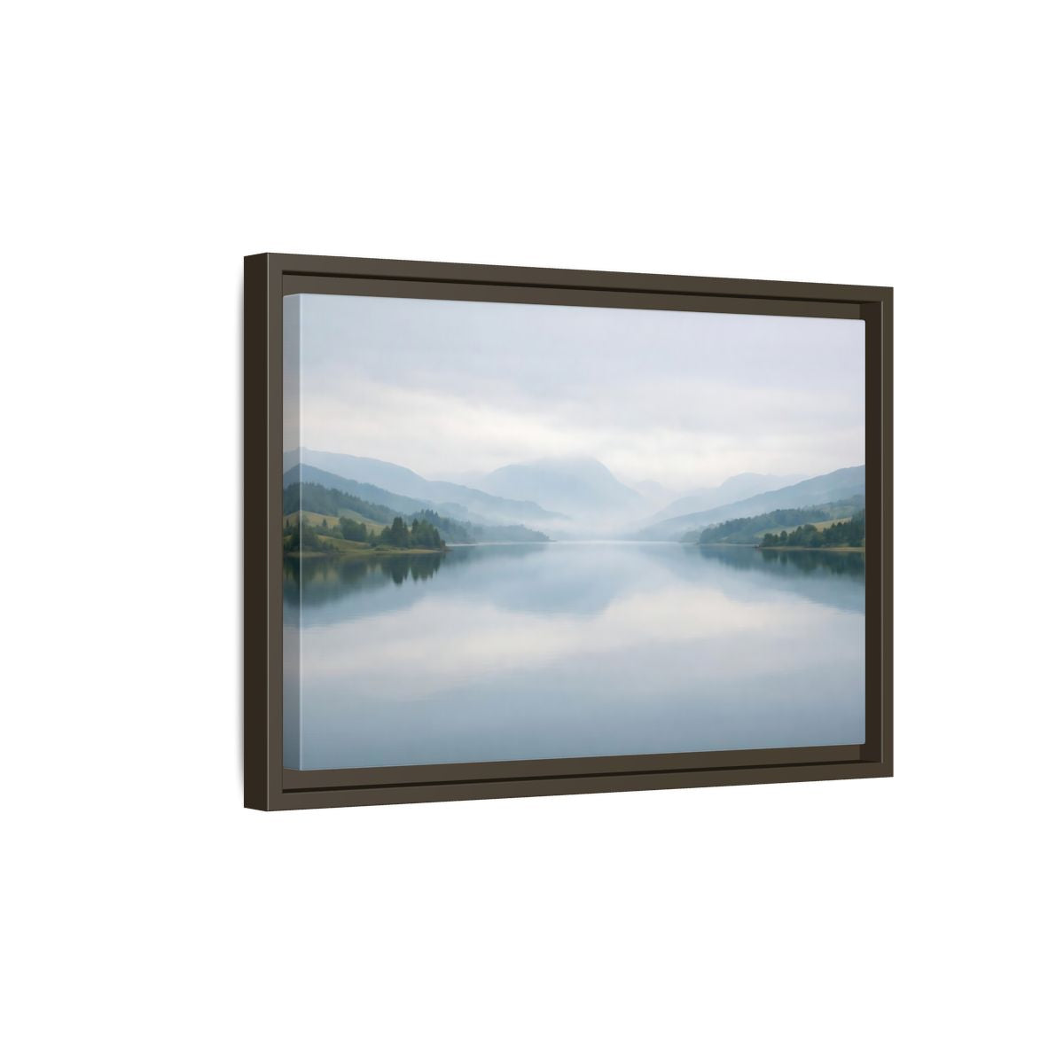 Side Mockup 5. Nature Lake Mountains Misty Blue Lake shown as stretched canvas wall art