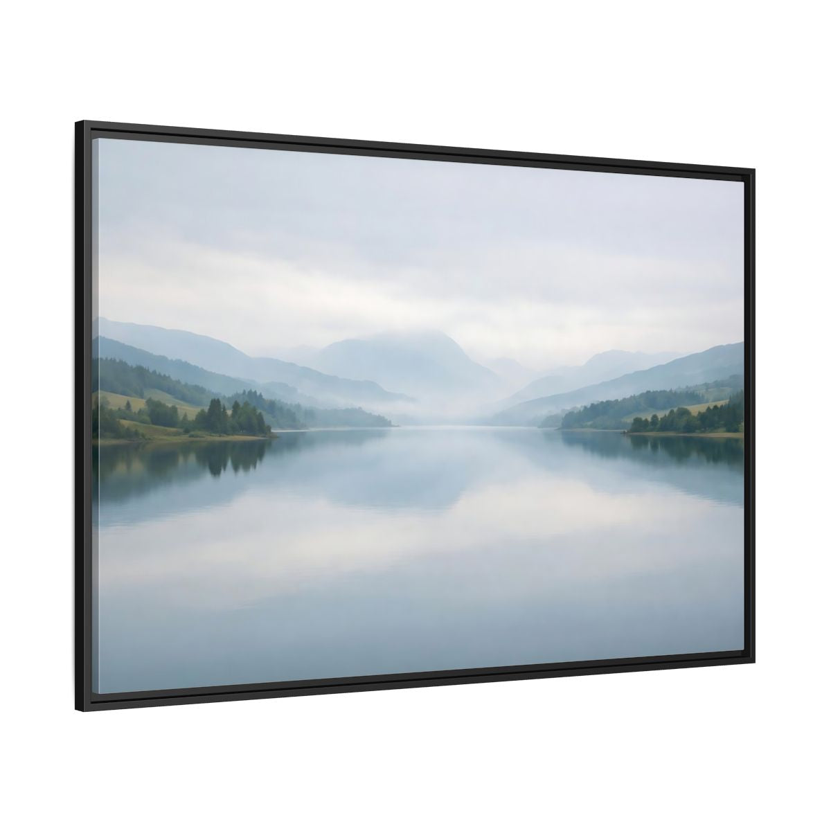 Side Mockup 12. Nature Lake Mountains Misty Blue Lake shown as stretched canvas wall art