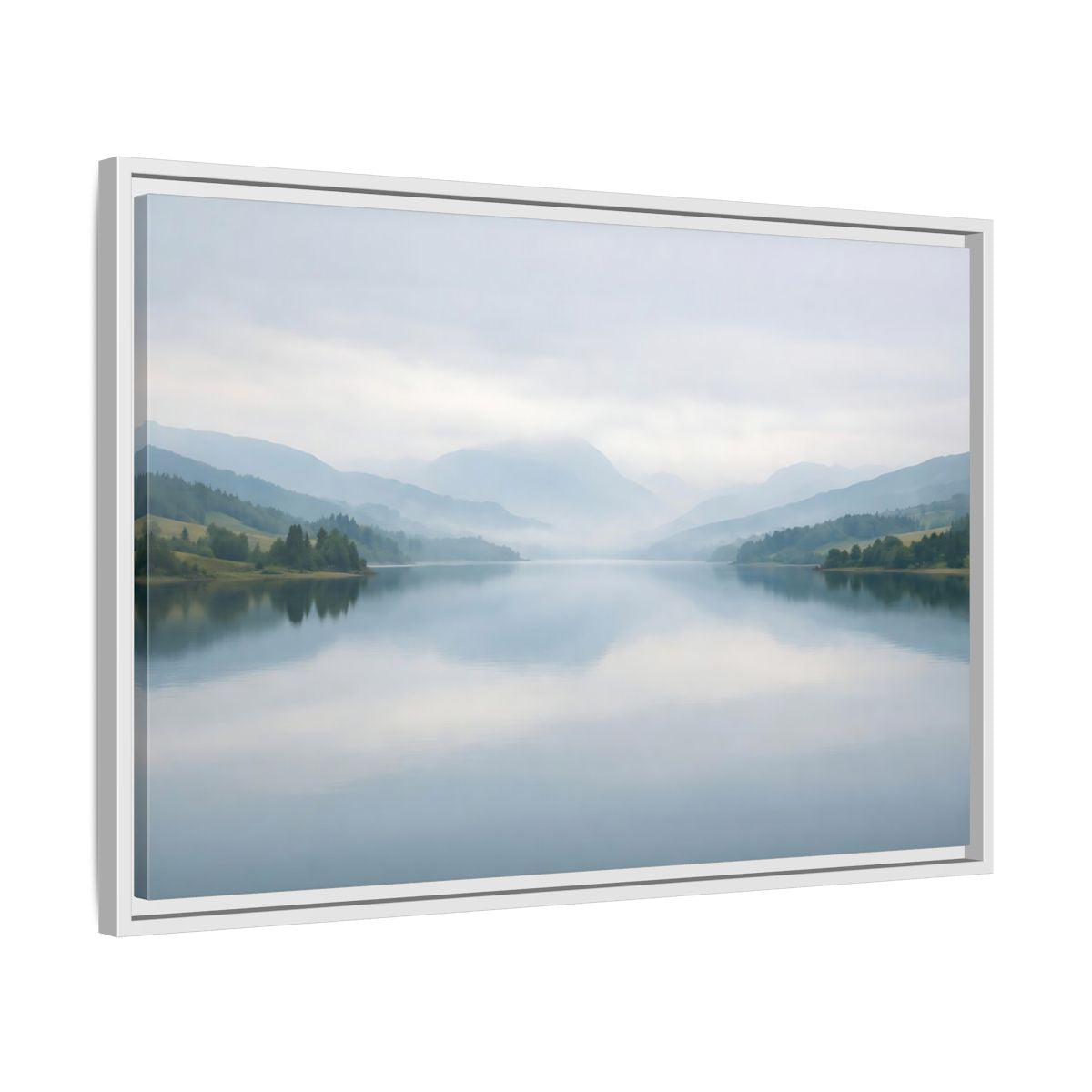 Side Mockup 10. Nature Lake Mountains Misty Blue Lake shown as stretched canvas wall art