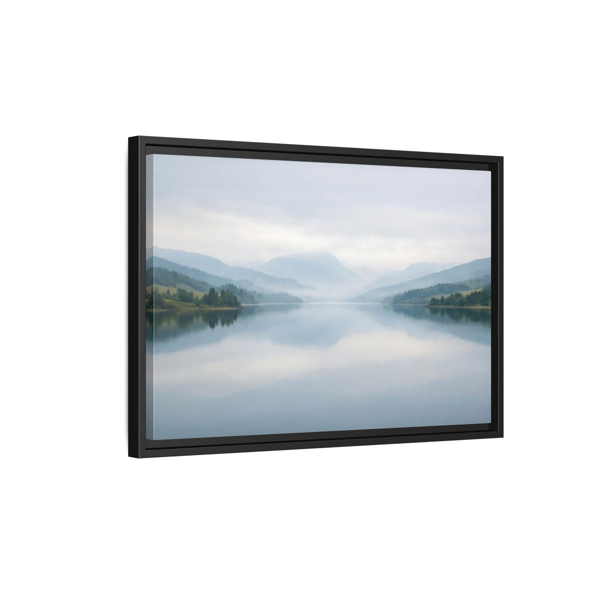 Side Mockup 3. Nature Lake Mountains Misty Blue Lake shown as stretched canvas wall art