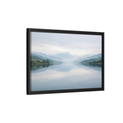 Side Mockup 3. Nature Lake Mountains Misty Blue Lake shown as stretched canvas wall art