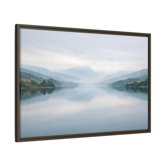 Main Mockup. Nature Lake Mountains Misty Blue Lake shown as stretched canvas wall art