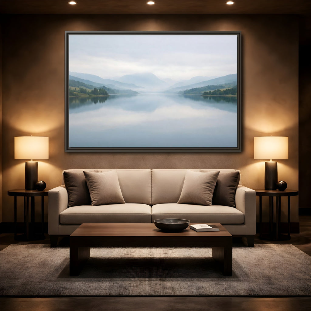 Mockup 2. Nature Lake Mountains Misty Blue Lake shown as stretched canvas wall art