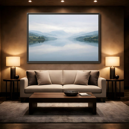 Mockup 2. Nature Lake Mountains Misty Blue Lake shown as stretched canvas wall art