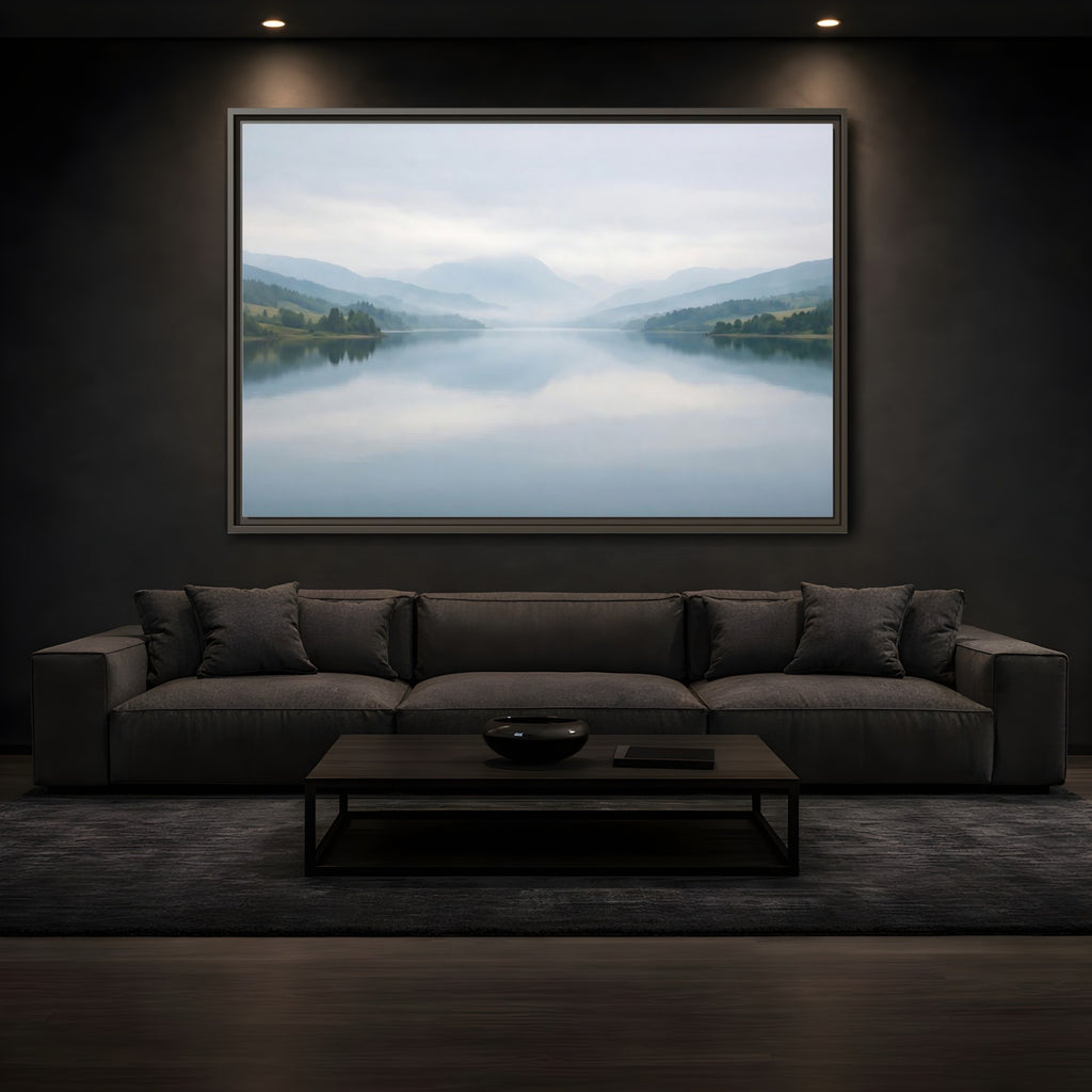 Mockup 3. Nature Lake Mountains Misty Blue Lake shown as stretched canvas wall art