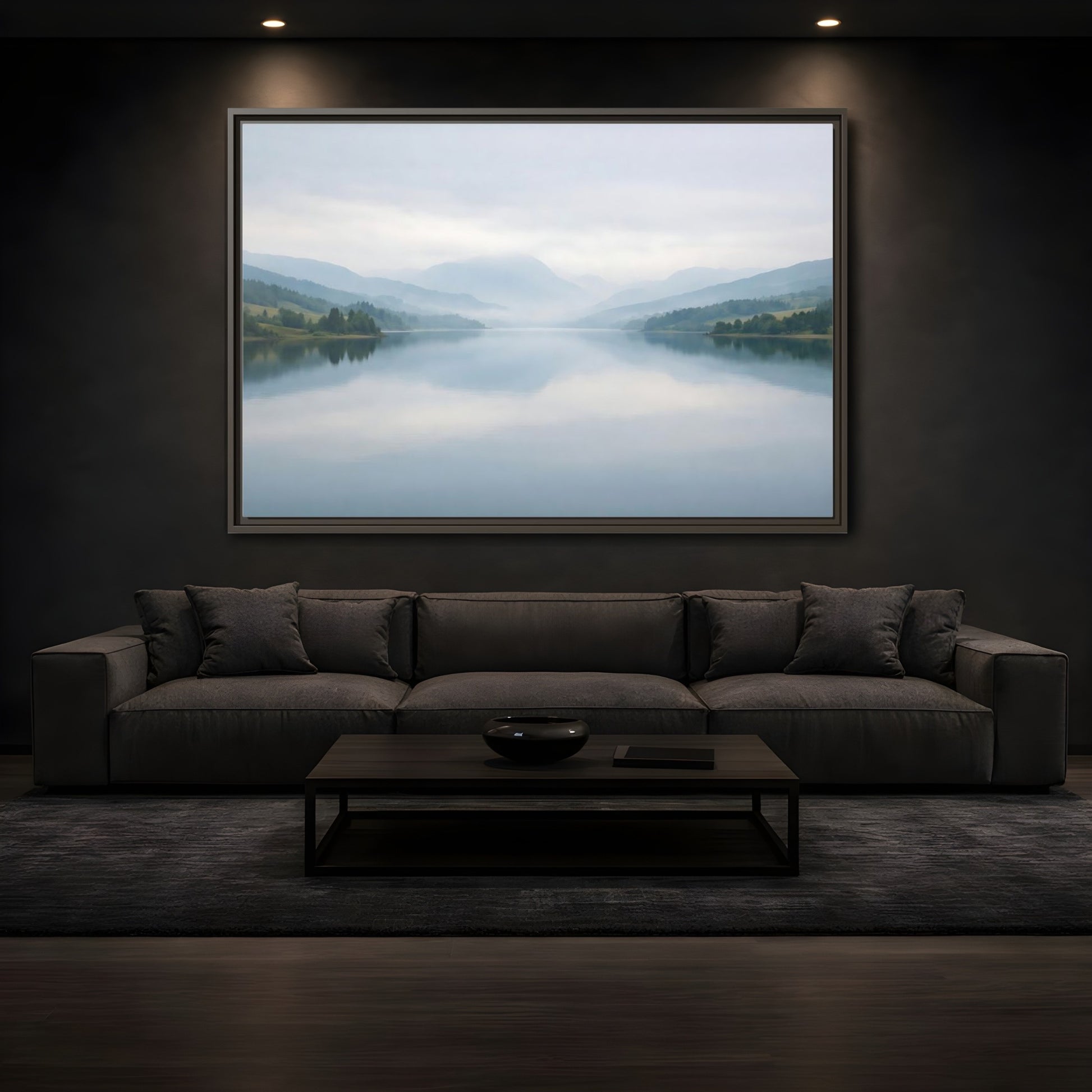 Mockup 3. Nature Lake Mountains Misty Blue Lake shown as stretched canvas wall art