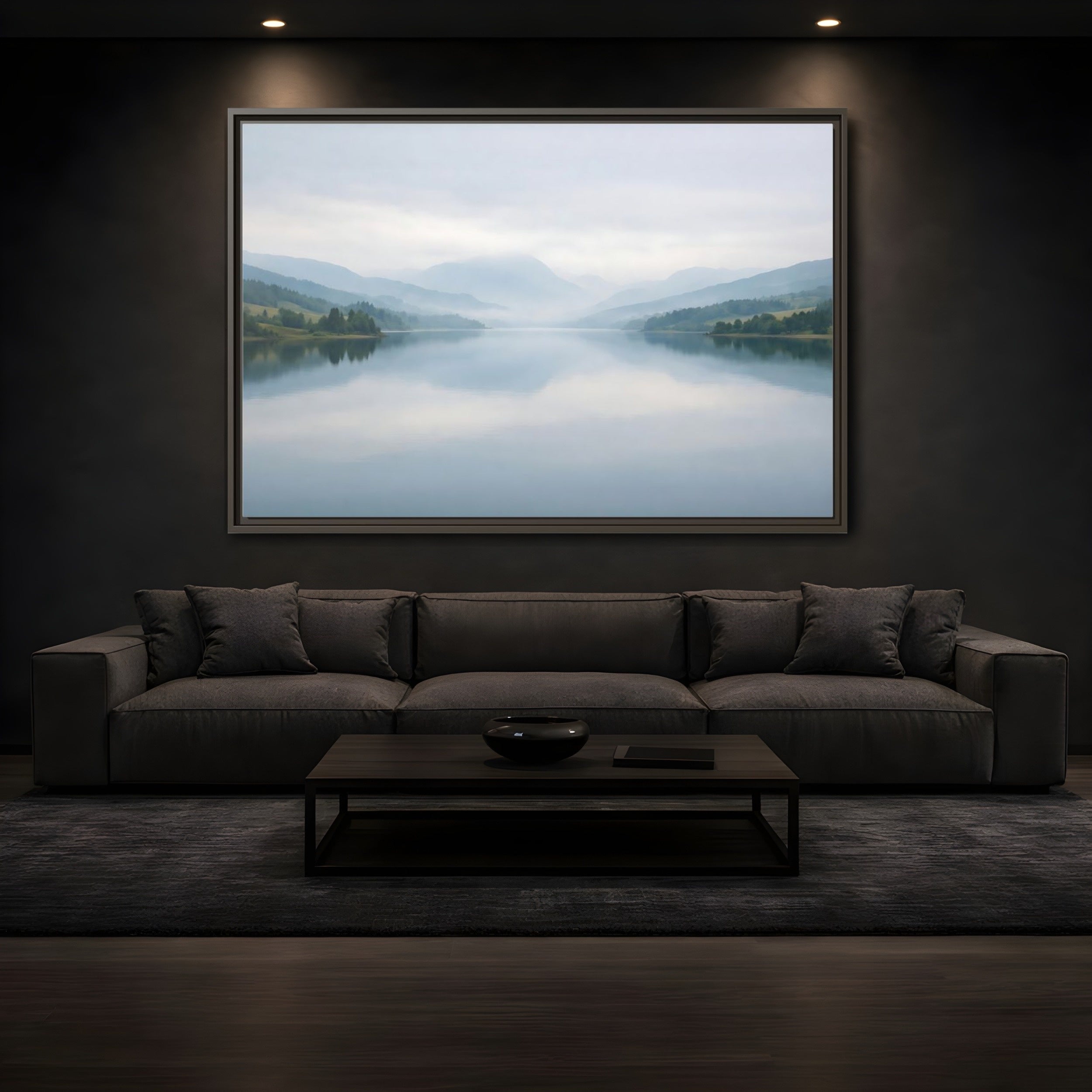 Mockup 3. Nature Lake Mountains Misty Blue Lake shown as stretched canvas wall art