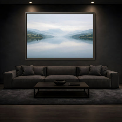 Mockup 3. Nature Lake Mountains Misty Blue Lake shown as stretched canvas wall art