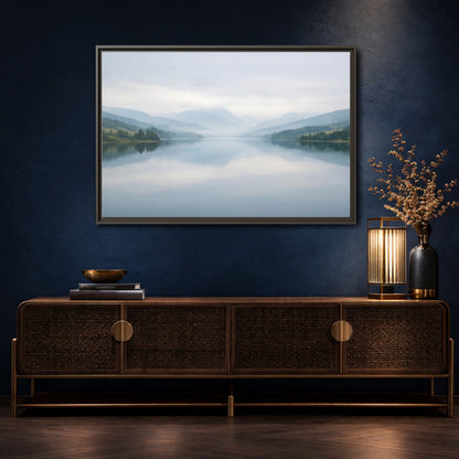 Mockup 4. Nature Lake Mountains Misty Blue Lake shown as stretched canvas wall art