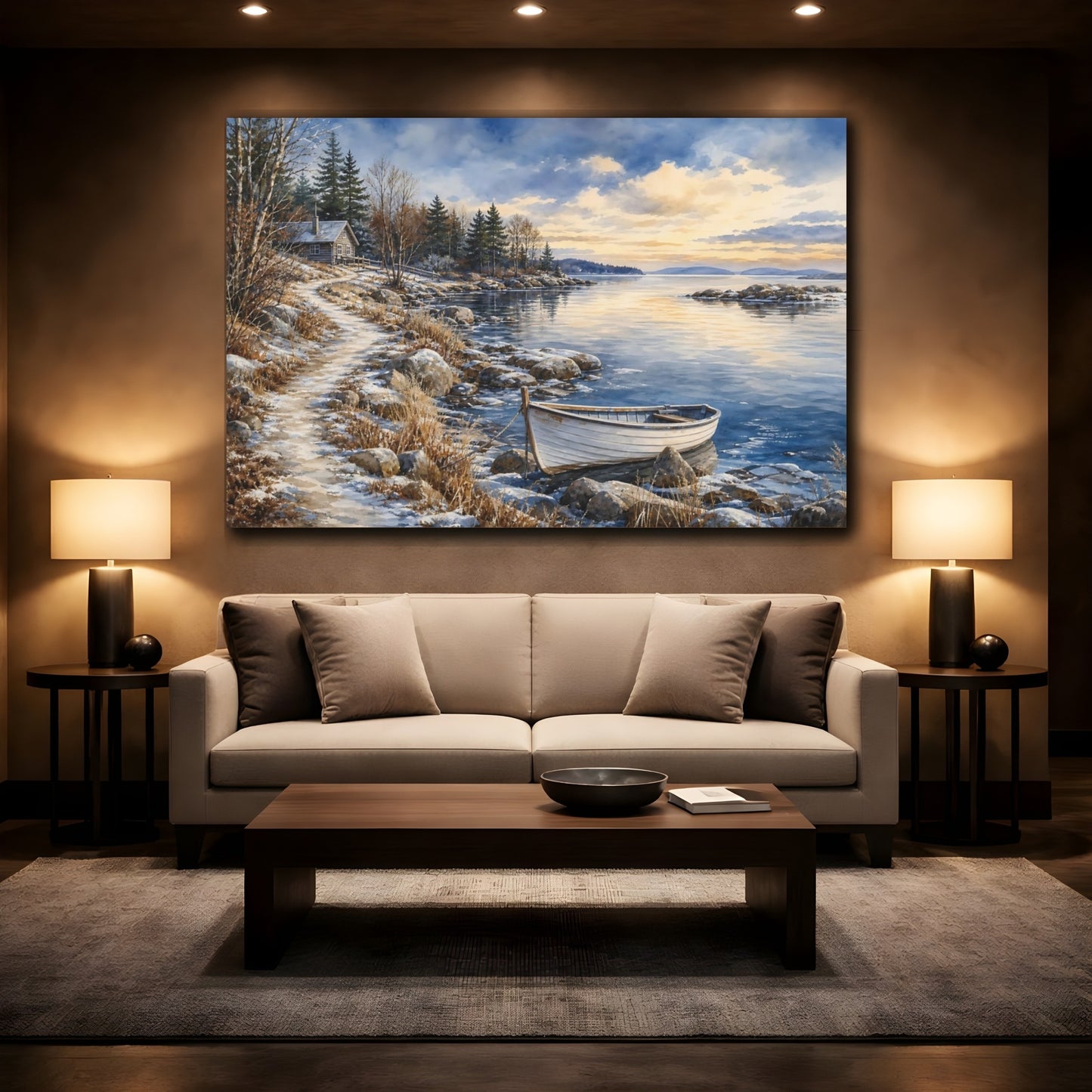 Mockup 2. Nature Lake Shore Winter Lake Scene shown as stretched canvas wall art