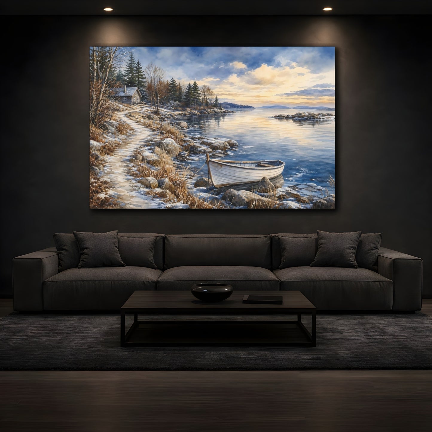 Mockup 3. Nature Lake Shore Winter Lake Scene shown as stretched canvas wall art