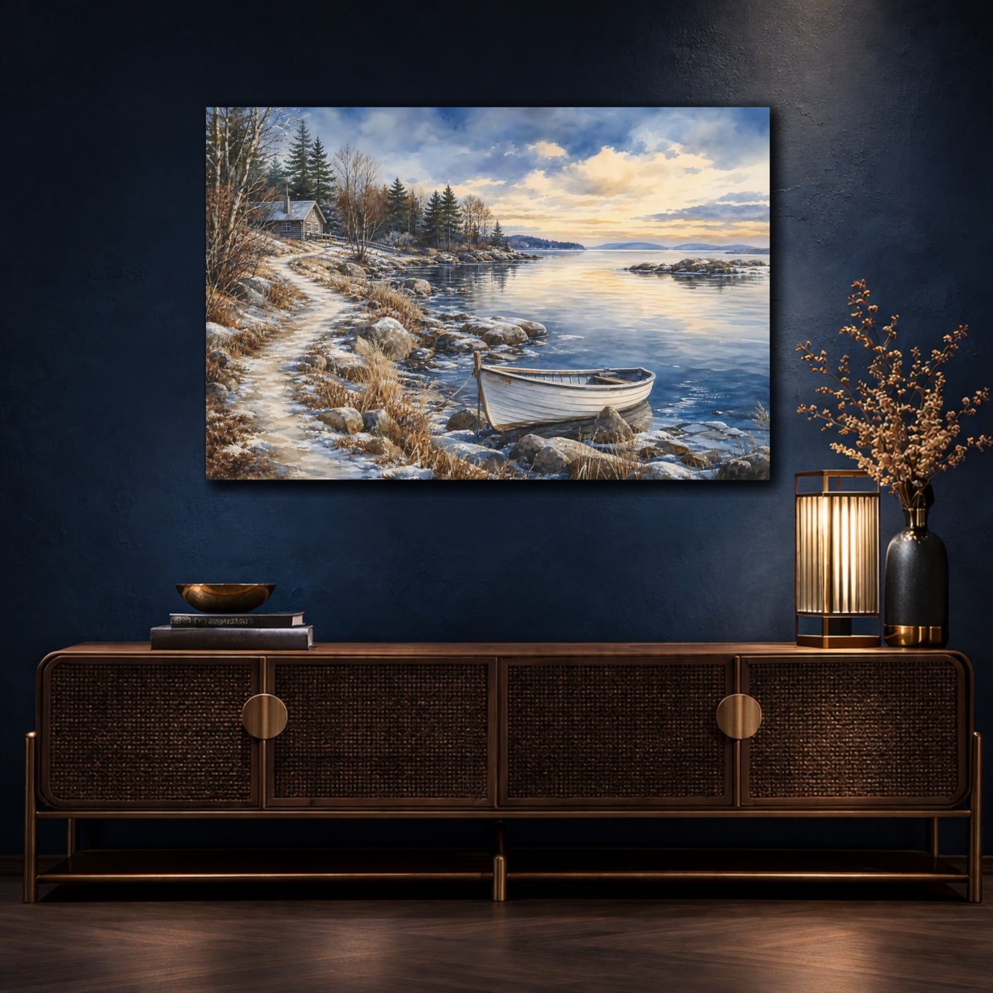 Mockup 4. Nature Lake Shore Winter Lake Scene shown as stretched canvas wall art