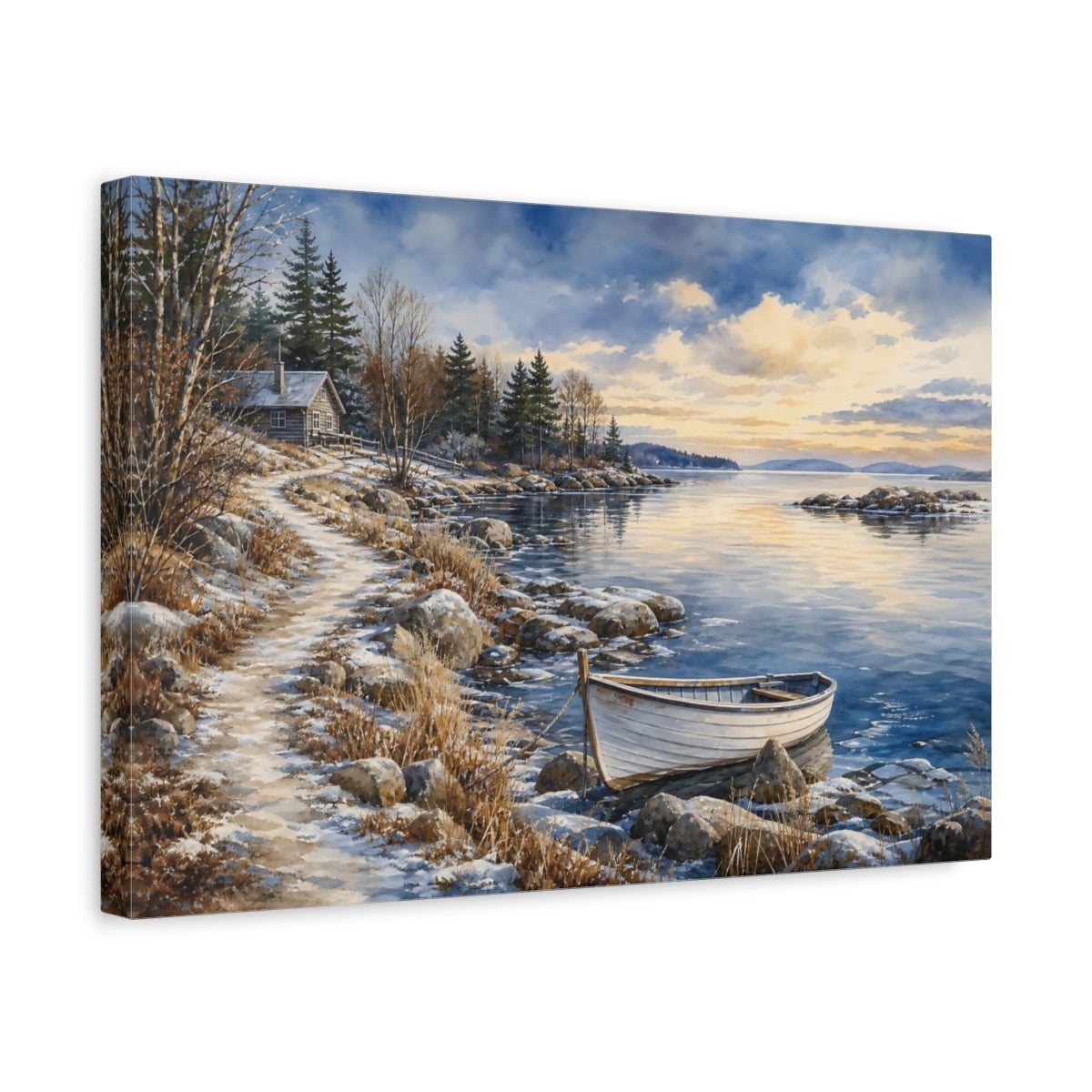 Side Mockup 4. Nature Lake Shore Winter Lake Scene shown as stretched canvas wall art