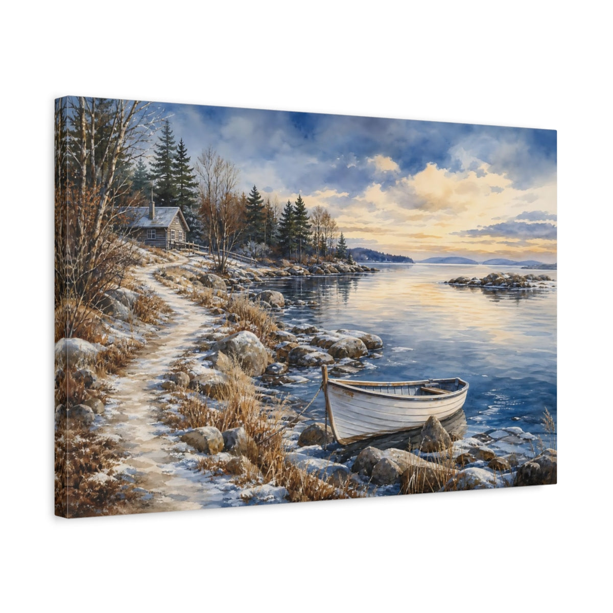 Side Mockup 3. Nature Lake Shore Winter Lake Scene shown as stretched canvas wall art