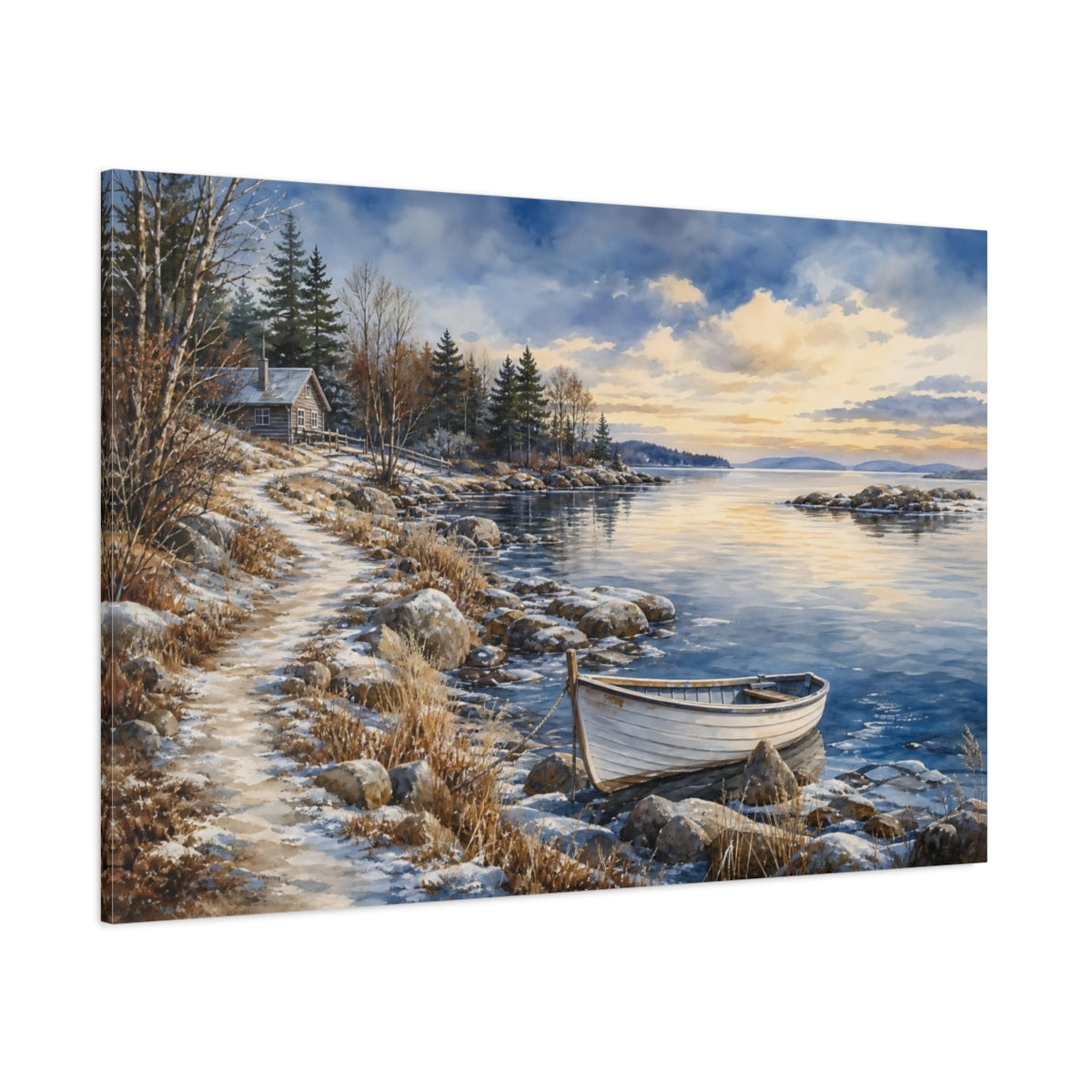 Side Mockup 1. Nature Lake Shore Winter Lake Scene shown as stretched canvas wall art