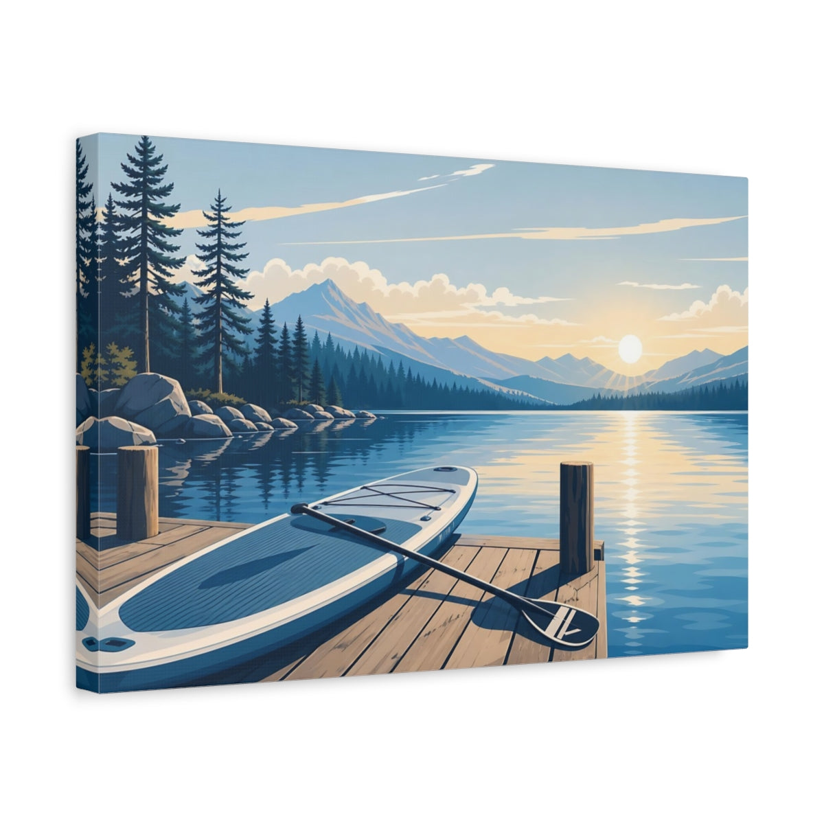 Side Mockup 4. Nature Lake Sunrise Blue Lake Sunrise shown as canvas print