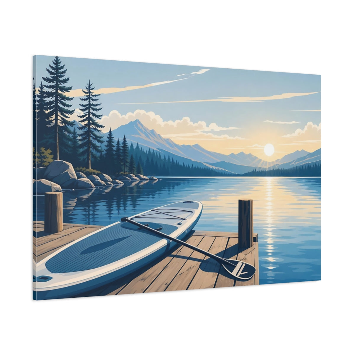 Side Mockup 1. Nature Lake Sunrise Blue Lake Sunrise shown as canvas print