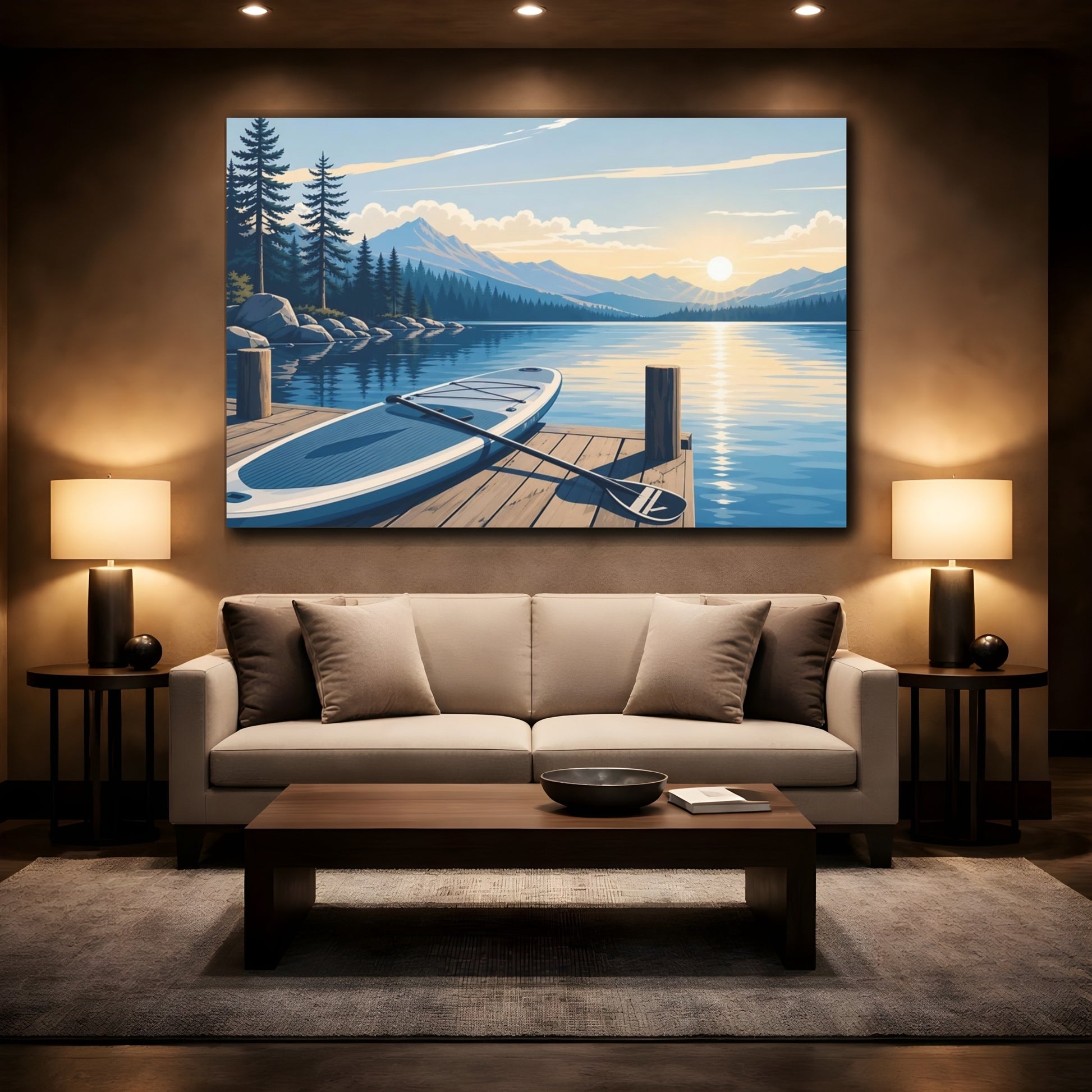Mockup 2. Nature Lake Sunrise Blue Lake Sunrise shown as canvas print