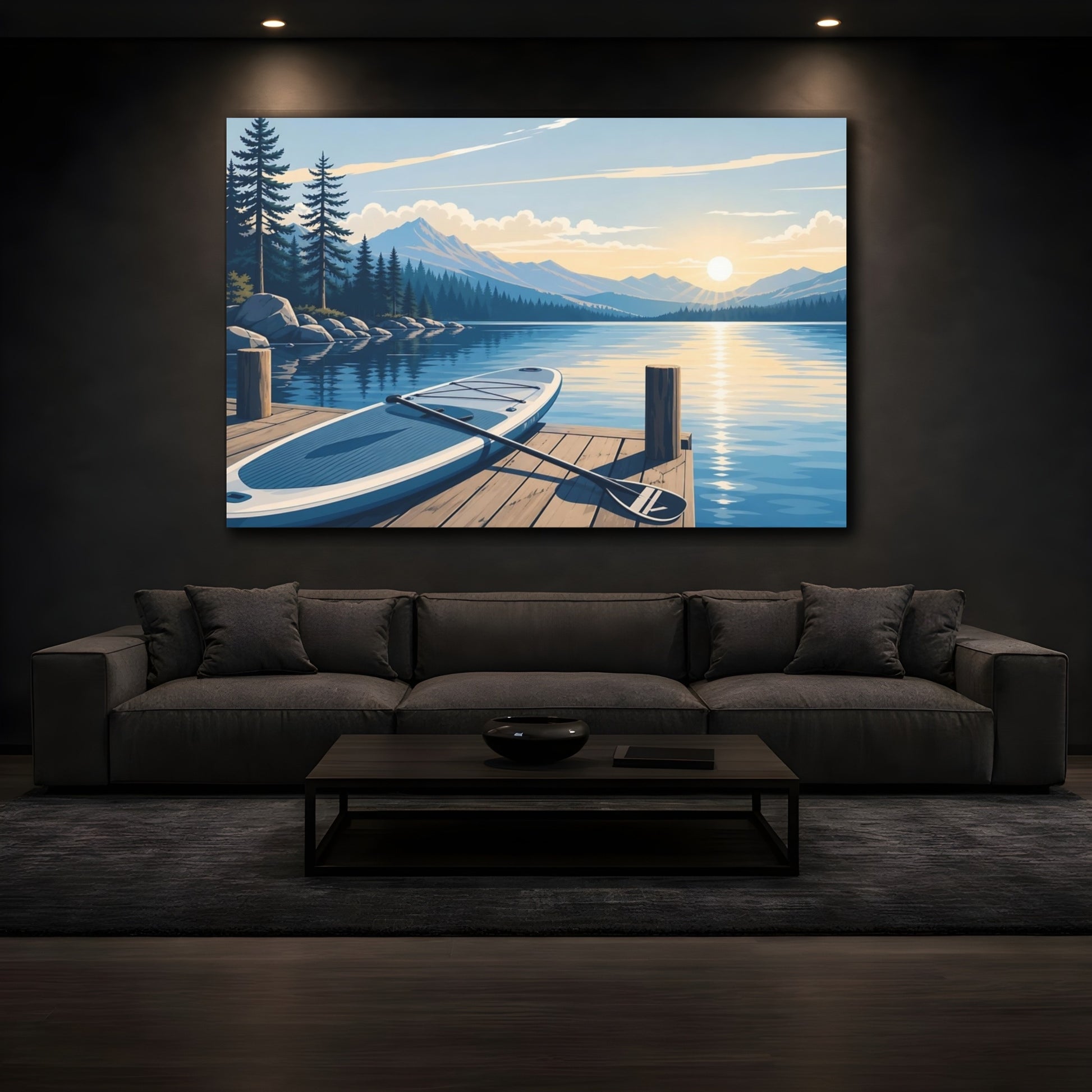 Mockup 3. Nature Lake Sunrise Blue Lake Sunrise shown as canvas print