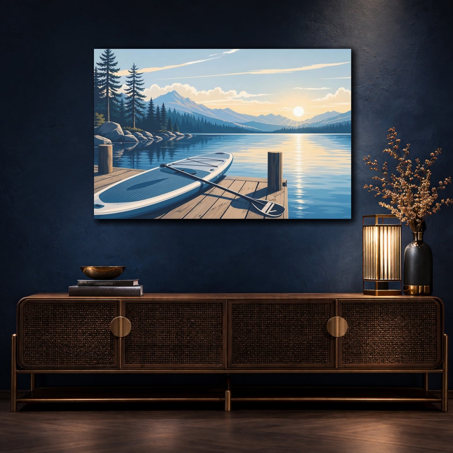 Mockup 4. Nature Lake Sunrise Blue Lake Sunrise shown as canvas print