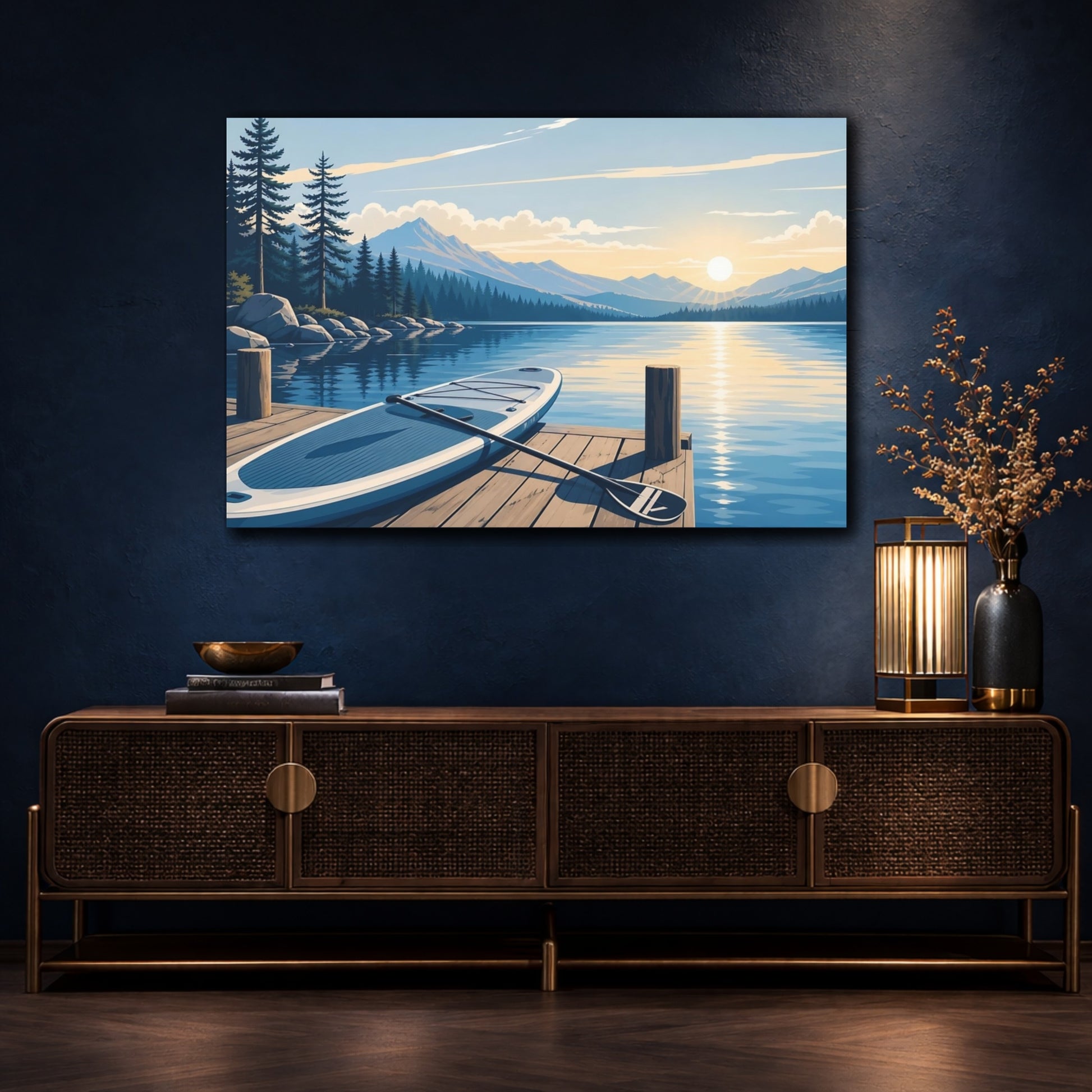 Mockup 4. Nature Lake Sunrise Blue Lake Sunrise shown as canvas print