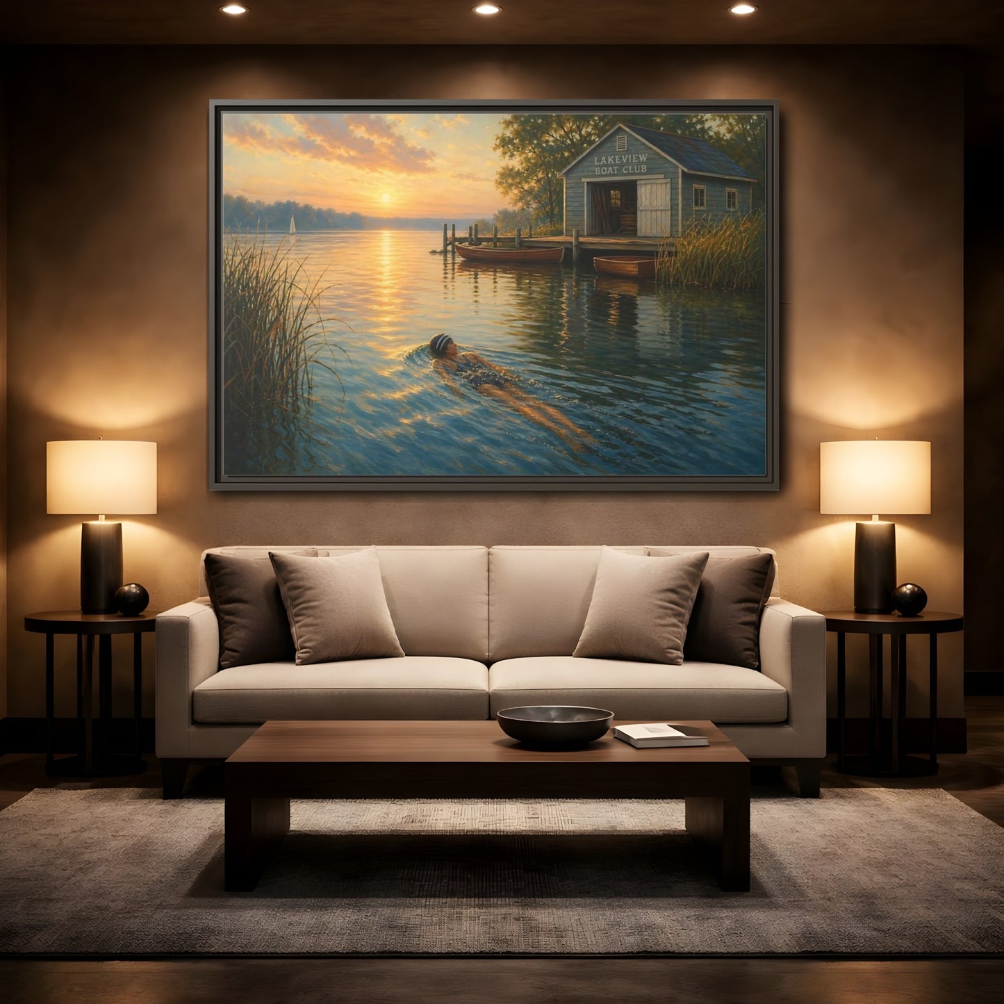 Mockup 2. Nature Lake Sunset Golden Lake Scene shown as framed canvas print