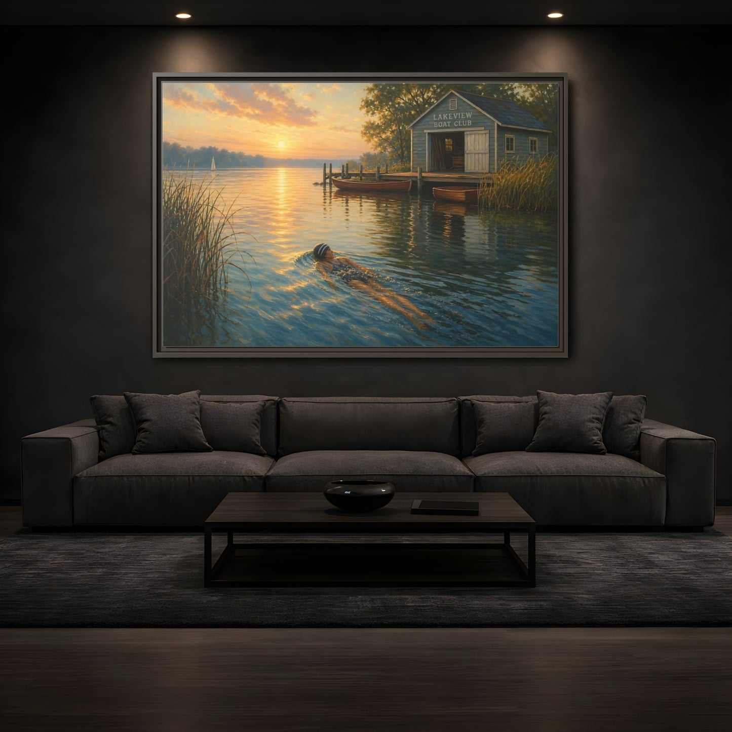 Mockup 3. Nature Lake Sunset Golden Lake Scene shown as framed canvas print