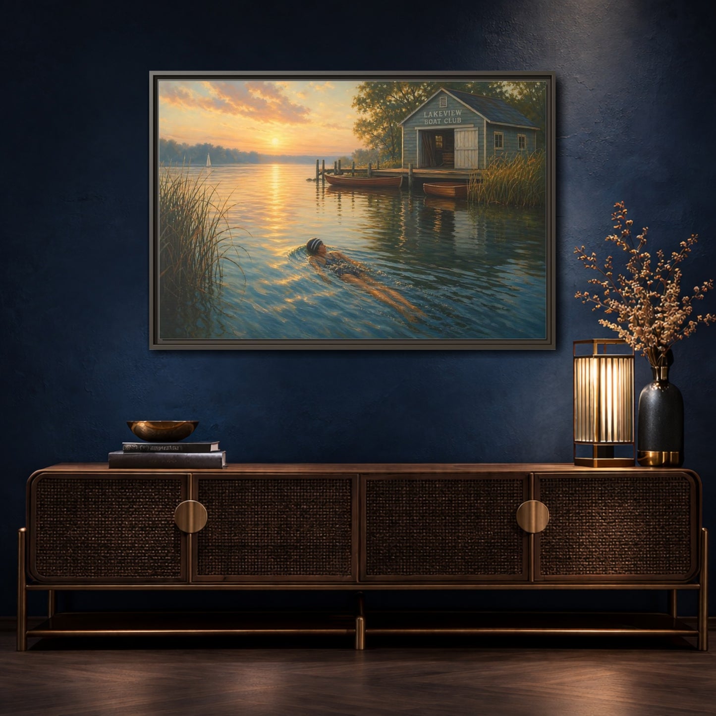 Mockup 4. Nature Lake Sunset Golden Lake Scene shown as framed canvas print