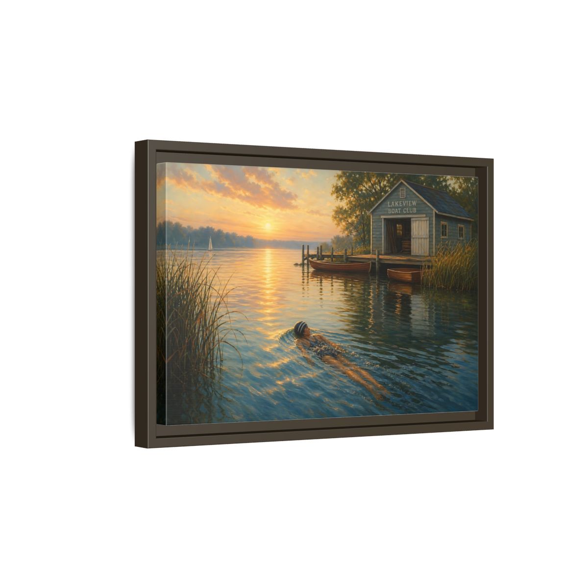 Side Mockup 5. Nature Lake Sunset Golden Lake Scene shown as framed canvas print