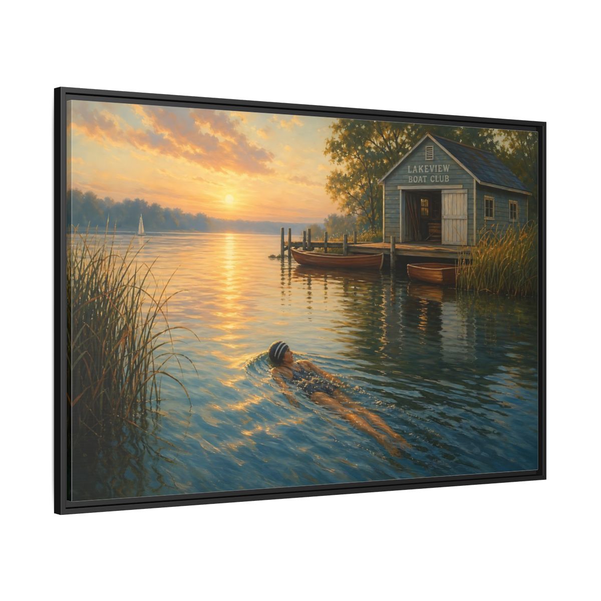 Side Mockup 12. Nature Lake Sunset Golden Lake Scene shown as framed canvas print