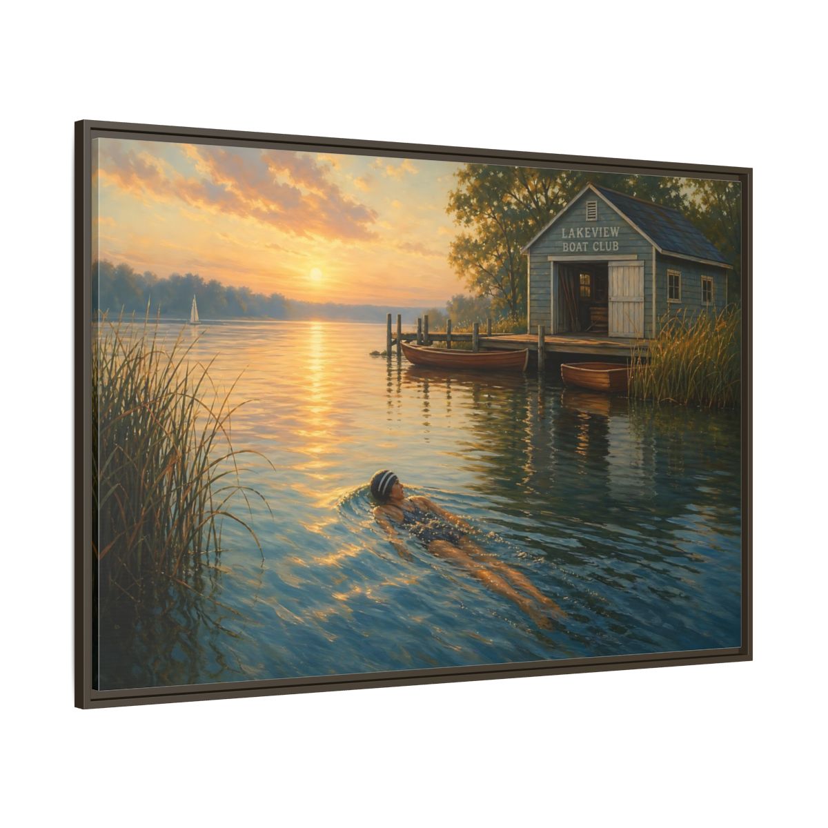 Side Mockup 8. Nature Lake Sunset Golden Lake Scene shown as framed canvas print