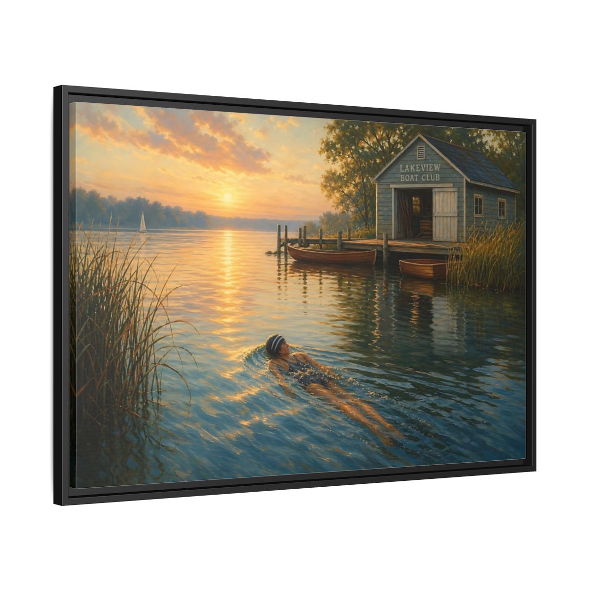 Side Mockup 13. Nature Lake Sunset Golden Lake Scene shown as framed canvas print