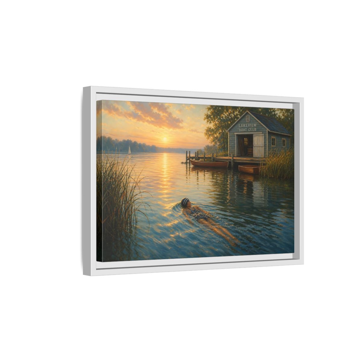 Side Mockup 4. Nature Lake Sunset Golden Lake Scene shown as framed canvas print