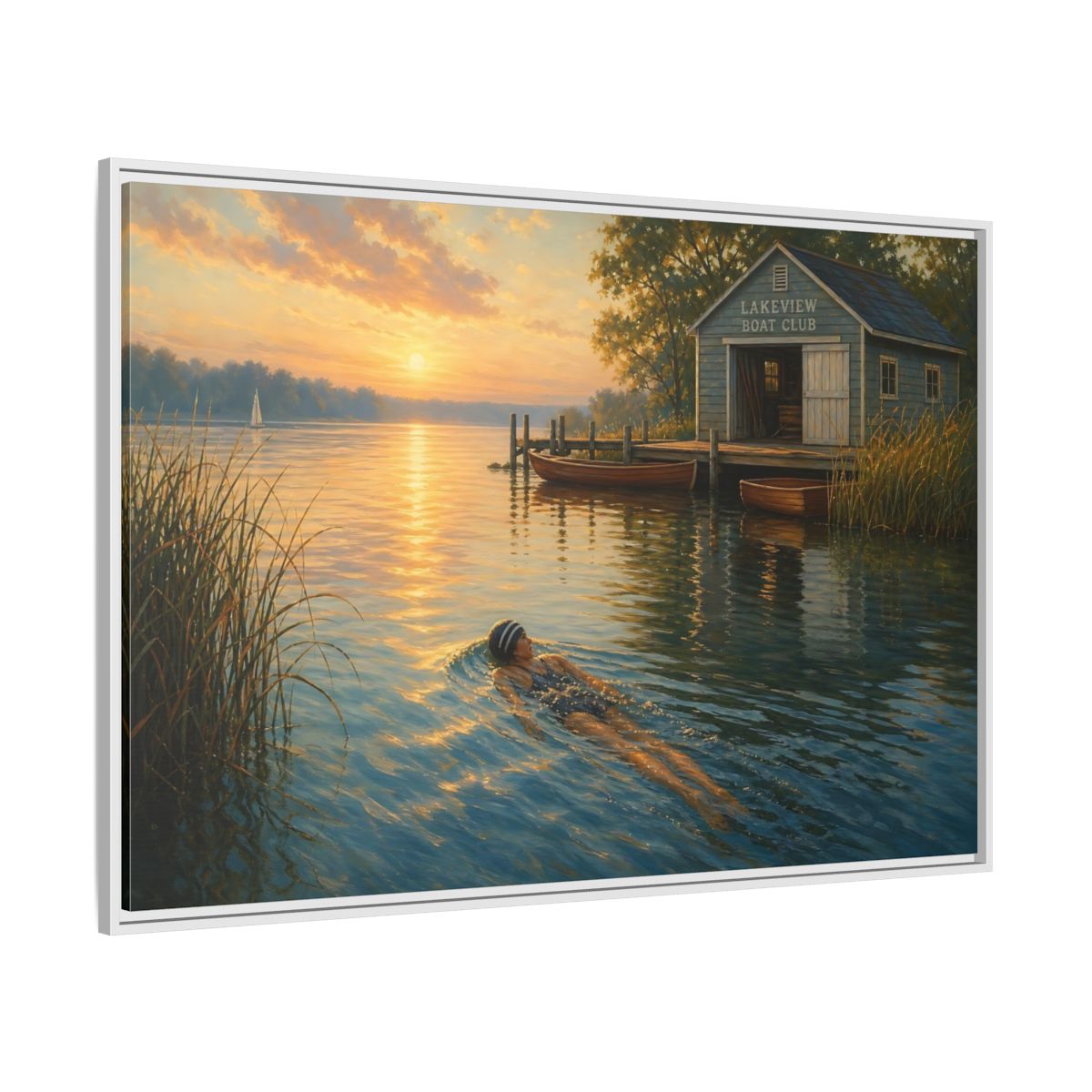 Side Mockup 7. Nature Lake Sunset Golden Lake Scene shown as framed canvas print